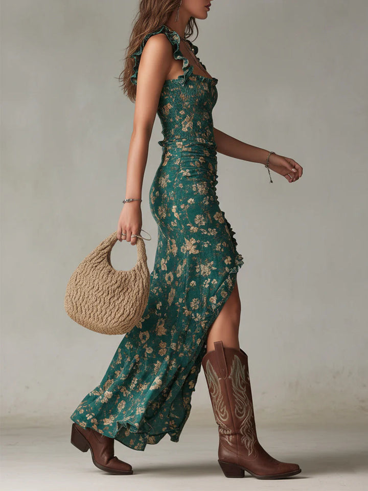 Ilyara - Side Slit Floral Print Dress