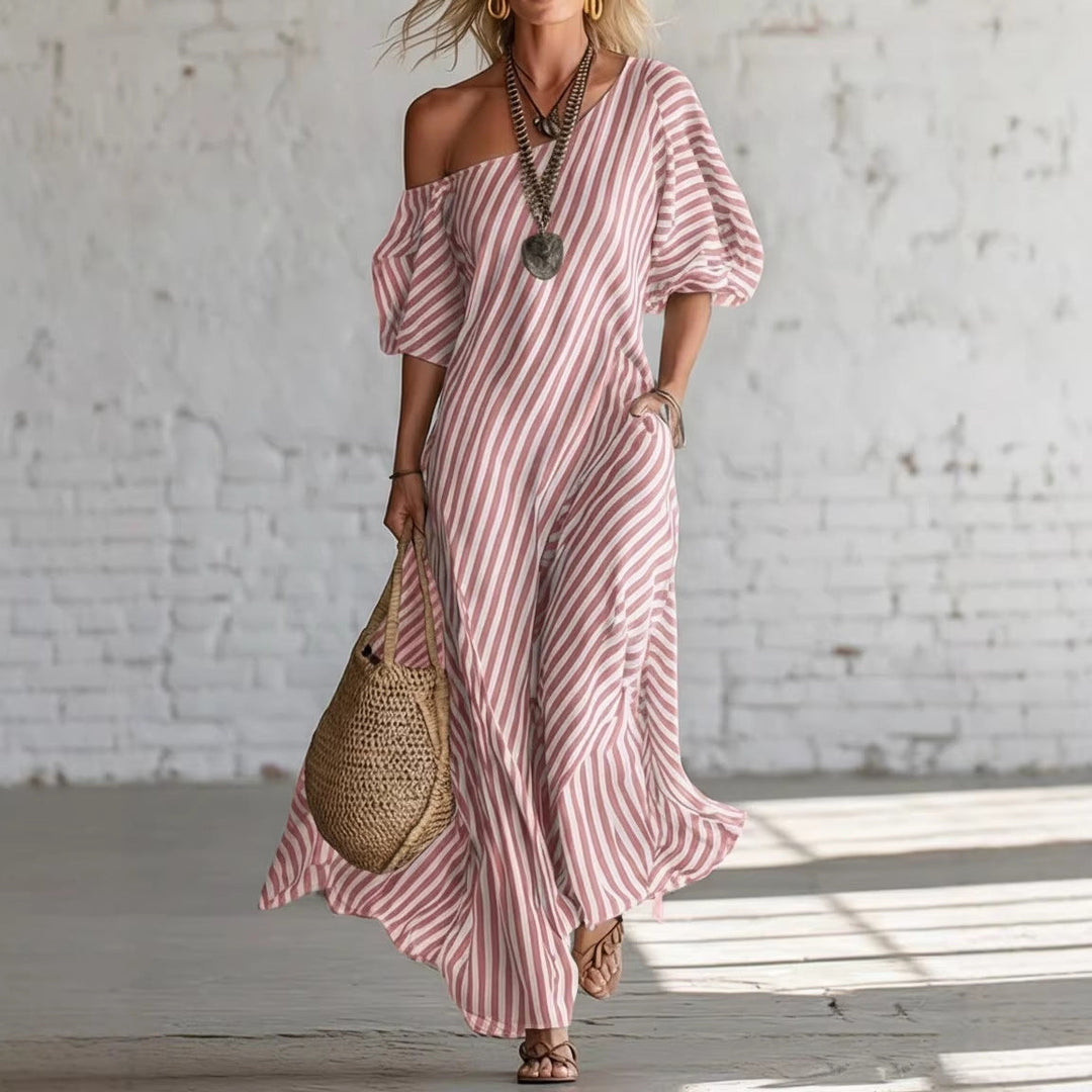 Avyra - Off-Shoulder Striped Maxi Dress
