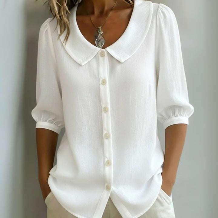 Luniva - Notched Lapel Collar Cotton-Blend Blouse