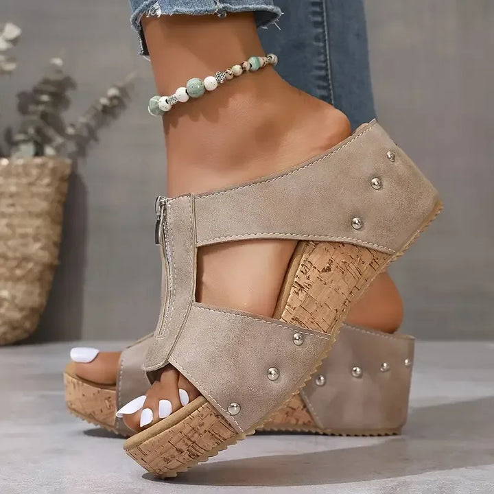 Velira - Front Zip Suede-Finish Wedge Sandals