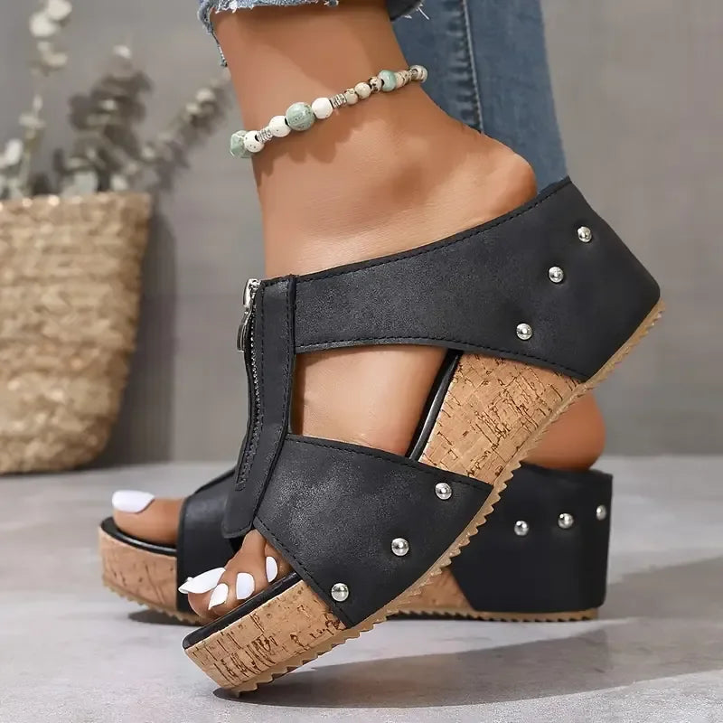 Velira - Front Zip Suede-Finish Wedge Sandals