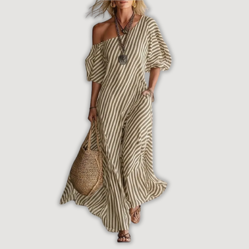 Avyra - Off-Shoulder Striped Maxi Dress