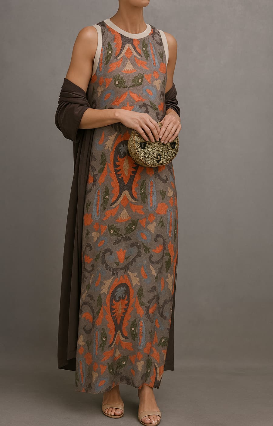 Virela - Maxi Printed Dress And Waistcoat Set