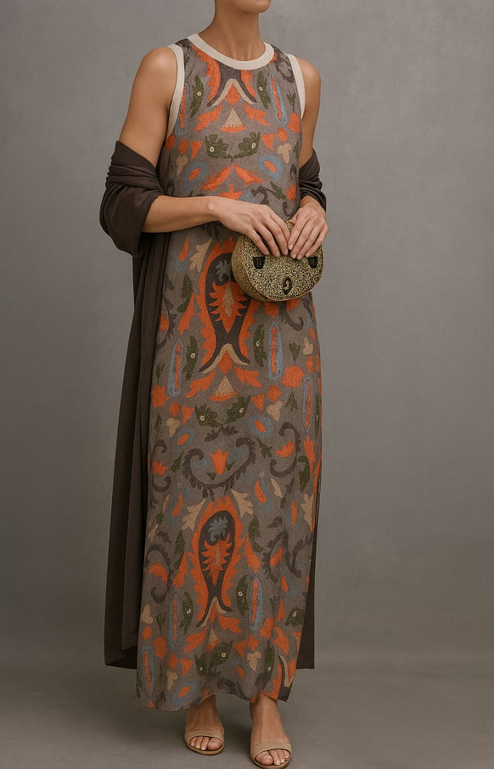 Virela - Maxi Printed Dress And Waistcoat Set