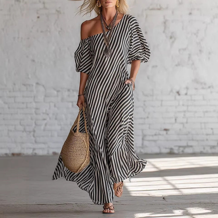 Avyra - Off-Shoulder Striped Maxi Dress