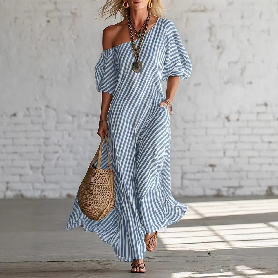 Avyra - Off-Shoulder Striped Maxi Dress