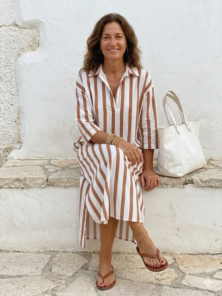 Velira - Vertical Stripe Woven Midi Shirt Dress