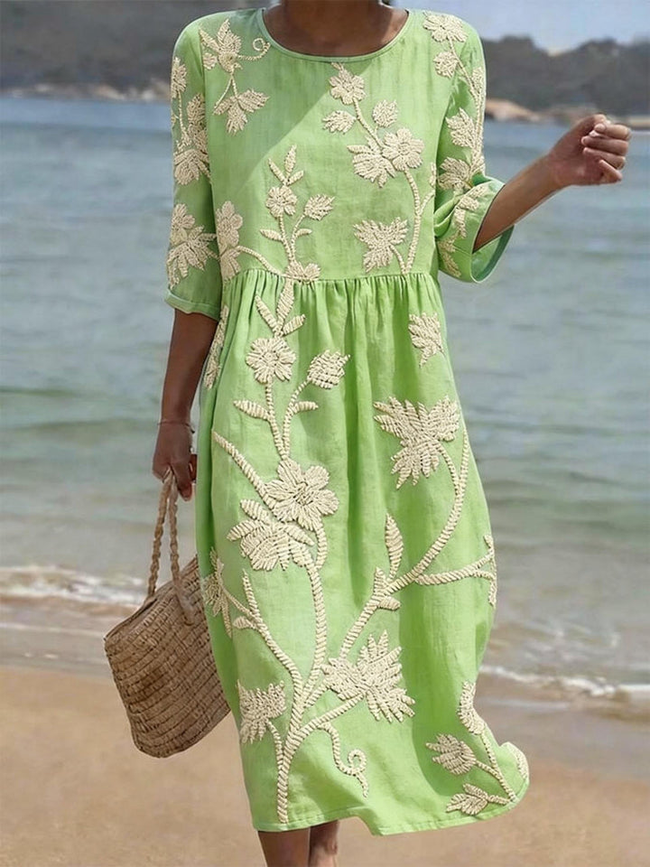 Navora - Embossed Floral Linen-Cotton Dress
