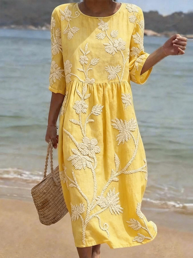 Navora - Embossed Floral Linen-Cotton Dress