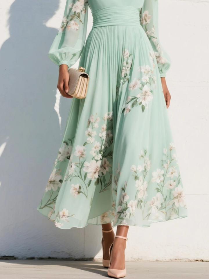 Nerise - Defined Waist Floral Print Midi Dress