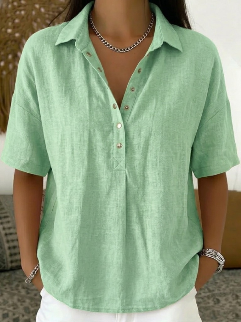 Kelora - Collared V-Neck Cotton-Blend Blouse