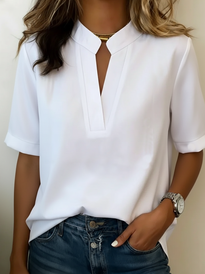 Talven - Stand Collar Woven Short-Sleeve Shirt
