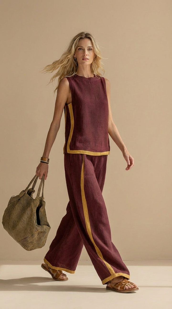 Olyra - Contrast-Trim Linen-Cotton Set