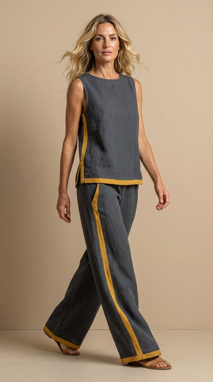 Olyra - Contrast-Trim Linen-Cotton Set