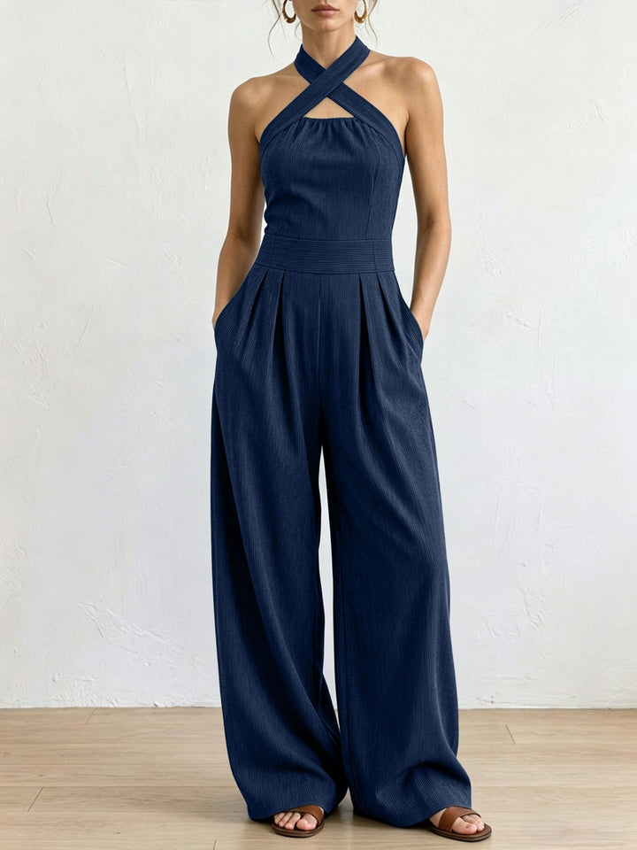 Sevona - Surplice Neck Linen-Cotton Jumpsuit