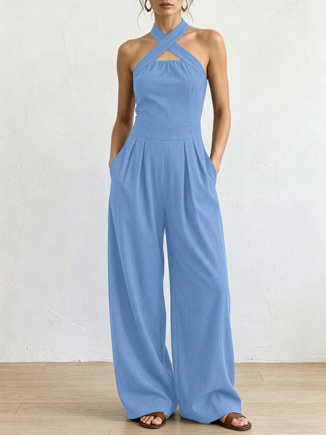 Sevona - Surplice Neck Linen-Cotton Jumpsuit