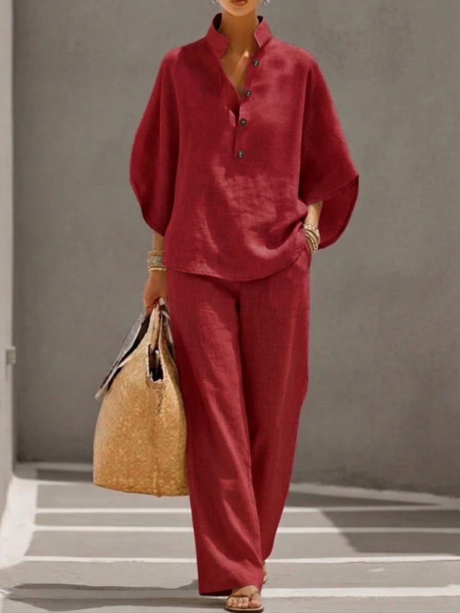 Velara - Batwing-Sleeve Cotton-Linen Set