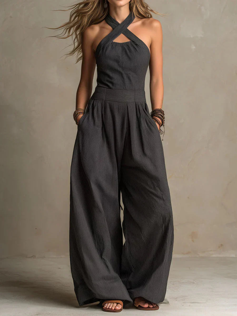 Sevona - Surplice Neck Linen-Cotton Jumpsuit