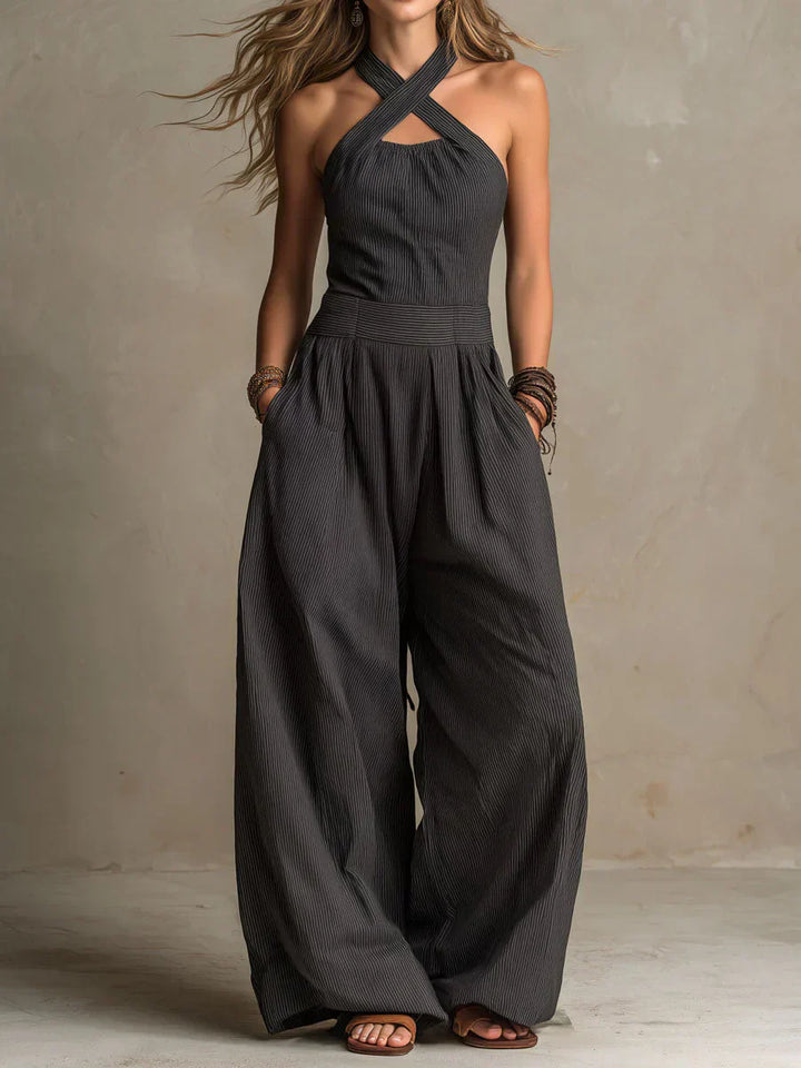 Sevona - Surplice Neck Linen-Cotton Jumpsuit
