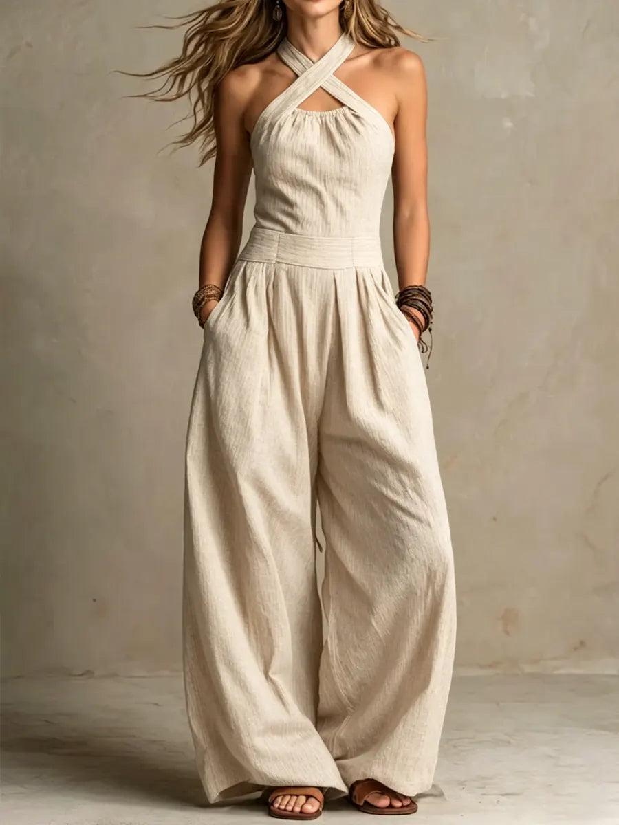 Sevona - Surplice Neck Linen-Cotton Jumpsuit