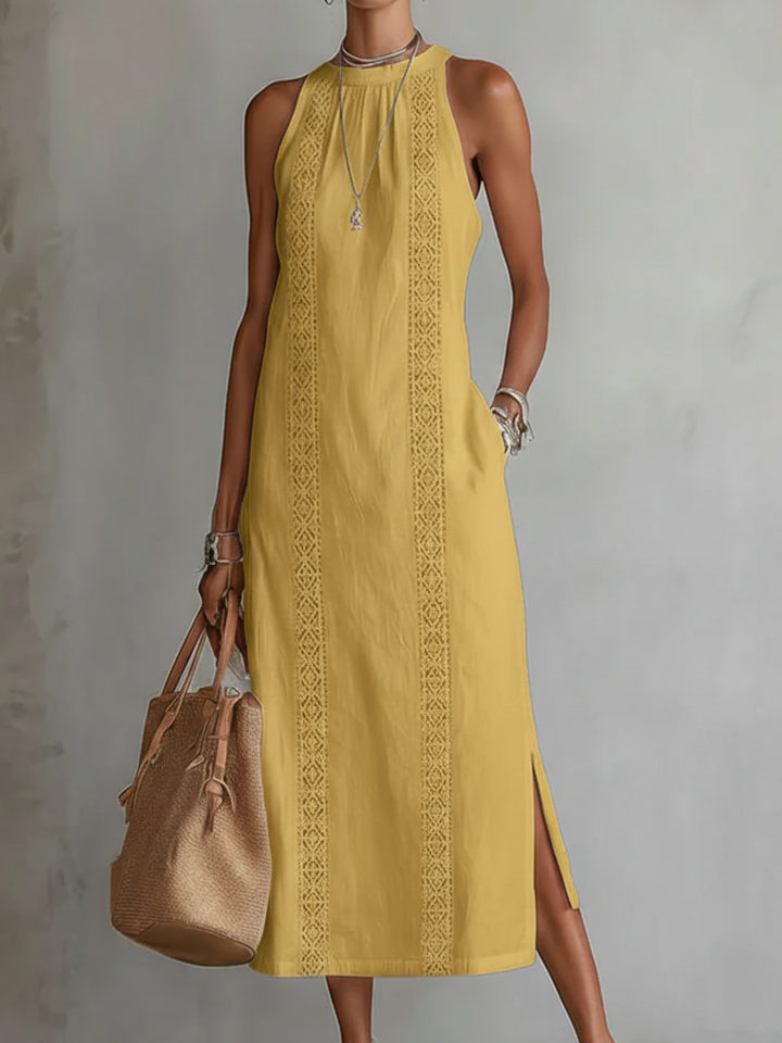 Tevara - Stand Collar Technical Weave Midi Dress